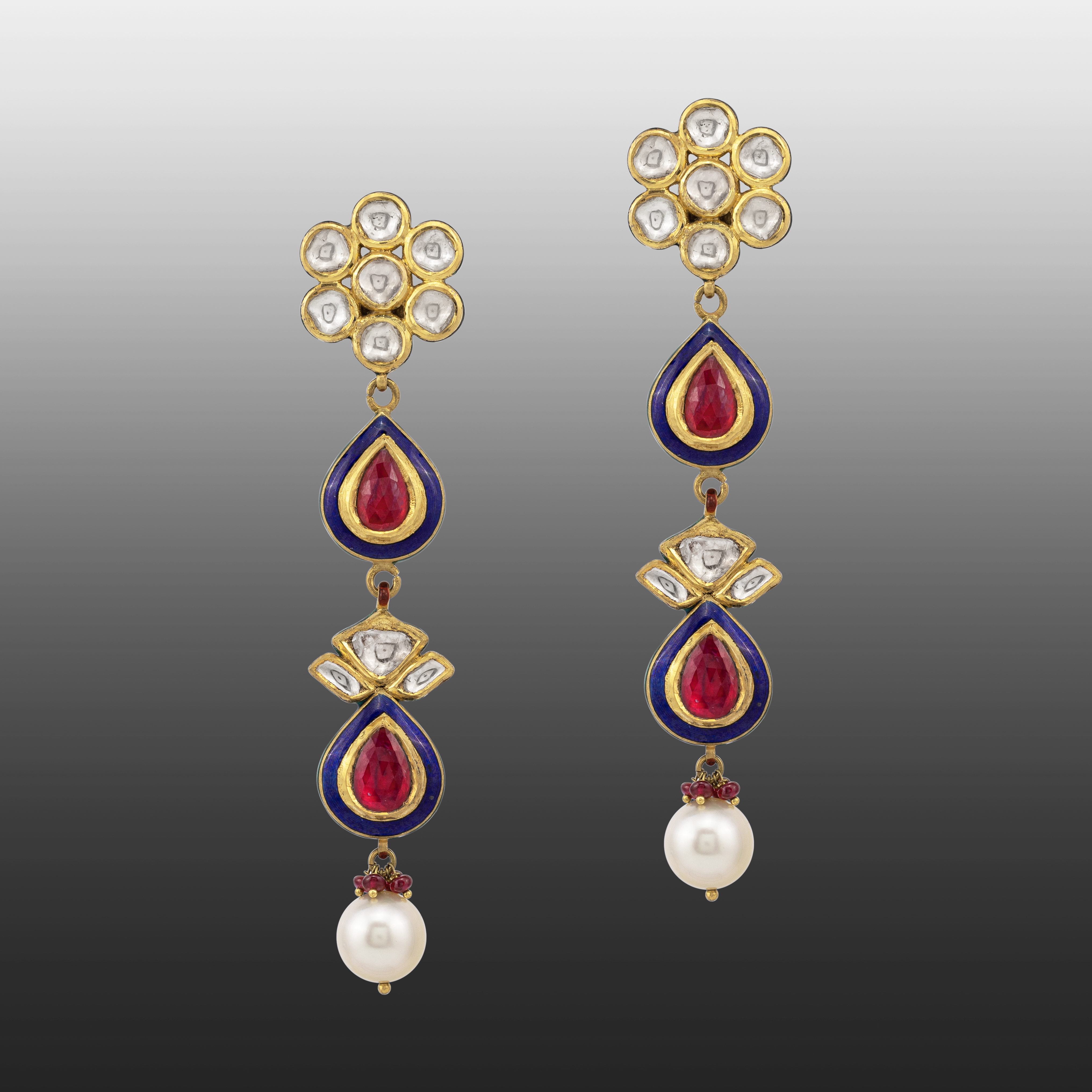 Floral Red Polki Earrings with Blue Enamel and Pearl Drop